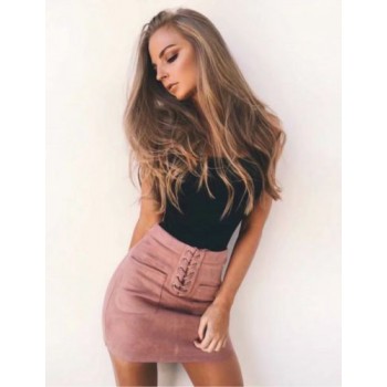 Women Leather Suede Lace Up Bandage High Waist Party Pencil Short Mini Skirt Ladies 